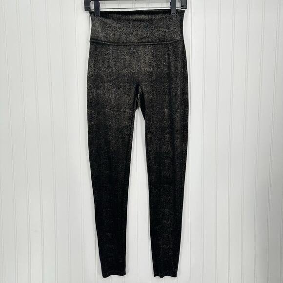 Spanx Leggings Women Velvet Shine Pants Black Gold Metallic Pull On Slimming EUC - Picture 1 of 13